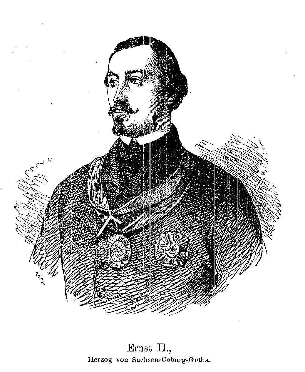 Holzstich: Brustbild Ernsts II. von Sachsen-Coburg-Gotha im Dreiviertelprofil, mit Ordensband und zwei Bruststernen; darunter die Unterschrift „Ernst II., Herzog von Sachsen-Coburg-Gotha."