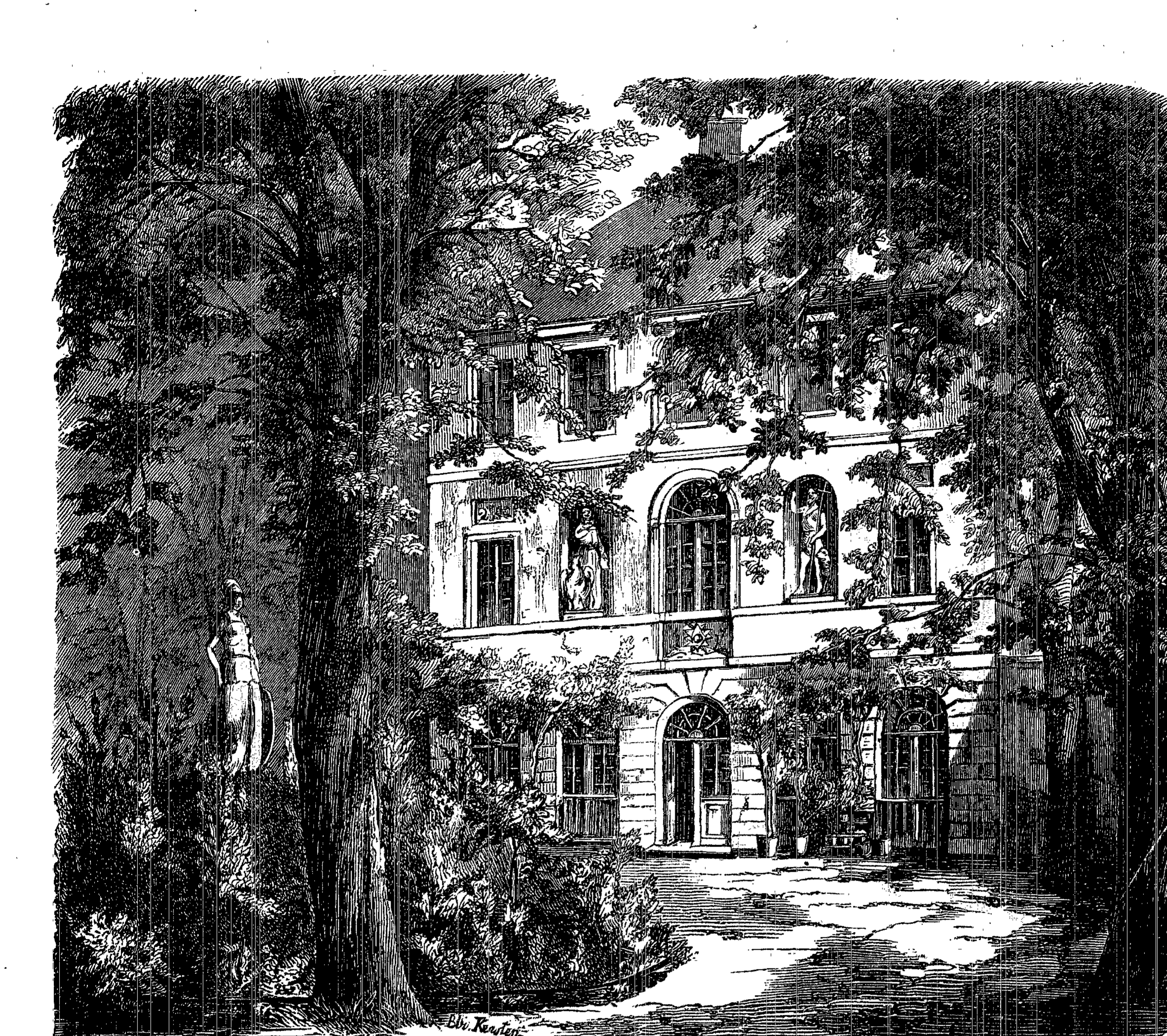 Holzstich: das Logengebäude der Minerva in Leipzig, ein zweistöckiges Gebäude mit Rundbogenfenstern und Portikus, von altem Baumbestand umgeben; im Vordergrund links eine Standfigur.